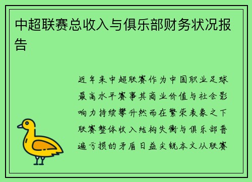 中超联赛总收入与俱乐部财务状况报告
